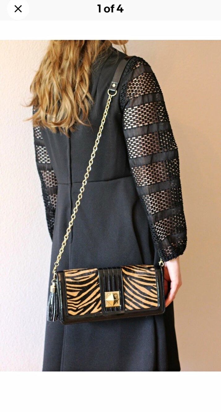 White House Black Market Zebra Animal Print Small Crossbody Bag w/ Chain Tassel
